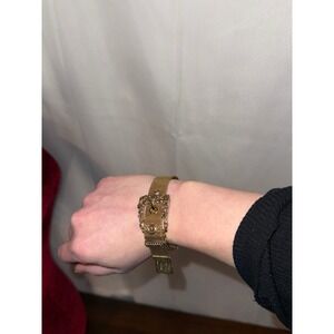 Vintage Gold Tone Mesh Bracelet Buckle Faux Gemstones Tassel Bracelet Women